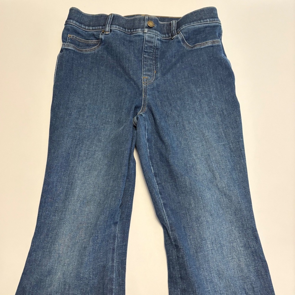Spanx Flare Jeans Women Size Large Blue Pull On Smoothing Stretch Denim 0455